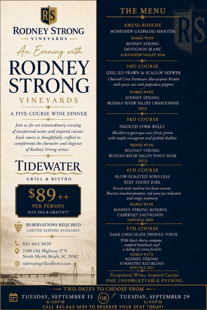 Rodney Strong Vineyards five-course wine dinner event flyer — September 29
